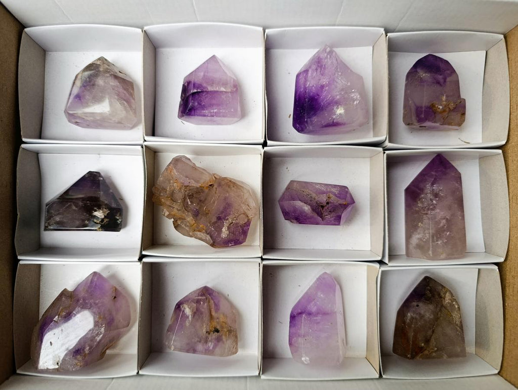 Polished Window Amethyst Crystals x 12 From Akansobe, Madagascar