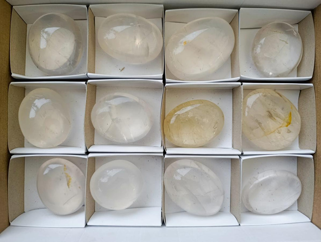 Polished Girasol Pearl Quartz Palm Stones x 12 From Ambatondrazaka, Madagascar