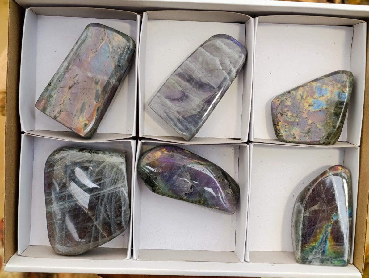 Polished Rare Purple Sunset Flash Labradorite Standing Free Forms x 6 From Madagascar