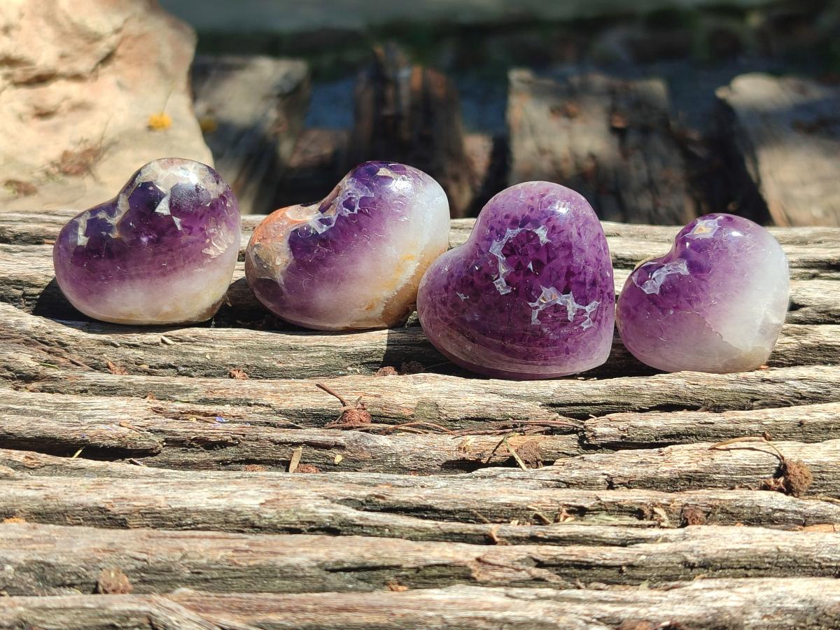 Polished Banded Amethyst Hearts x 13 From Madagascar