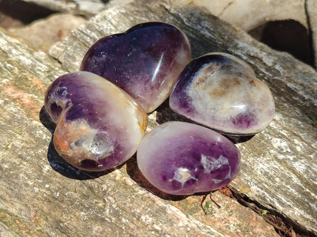 Polished Banded Amethyst Hearts x 13 From Madagascar