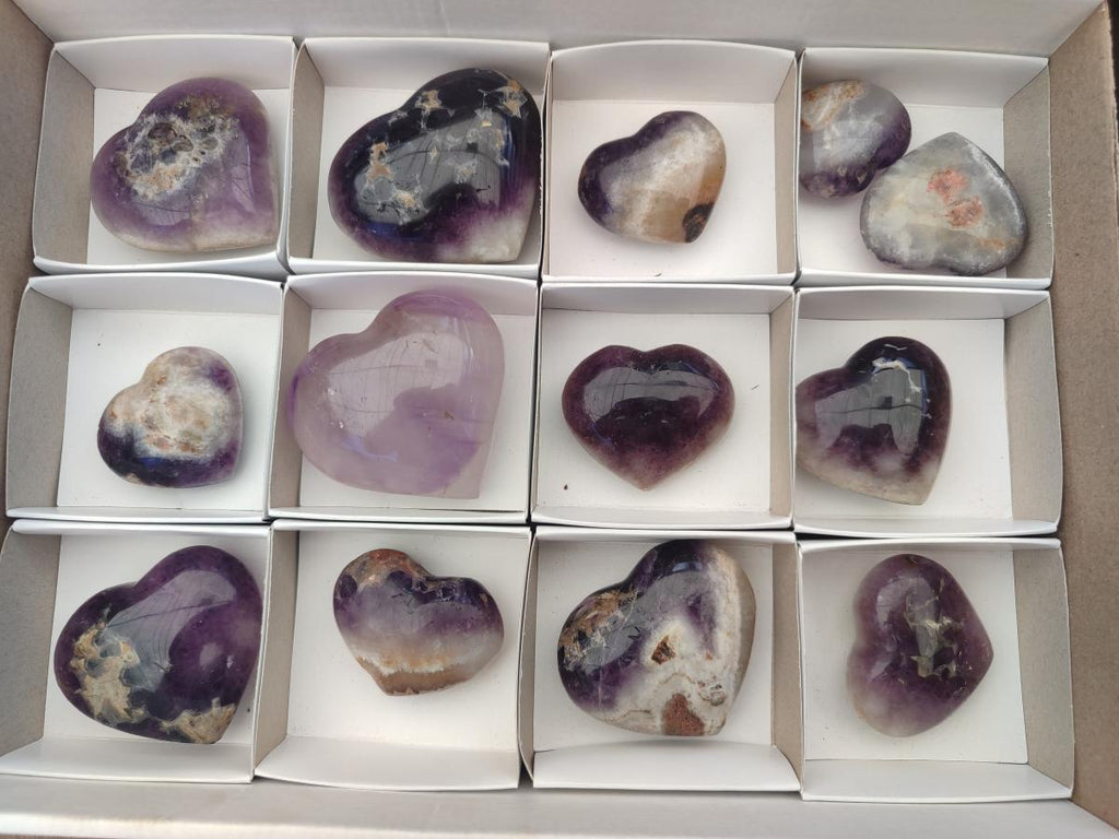 Polished Banded Amethyst Hearts x 13 From Madagascar