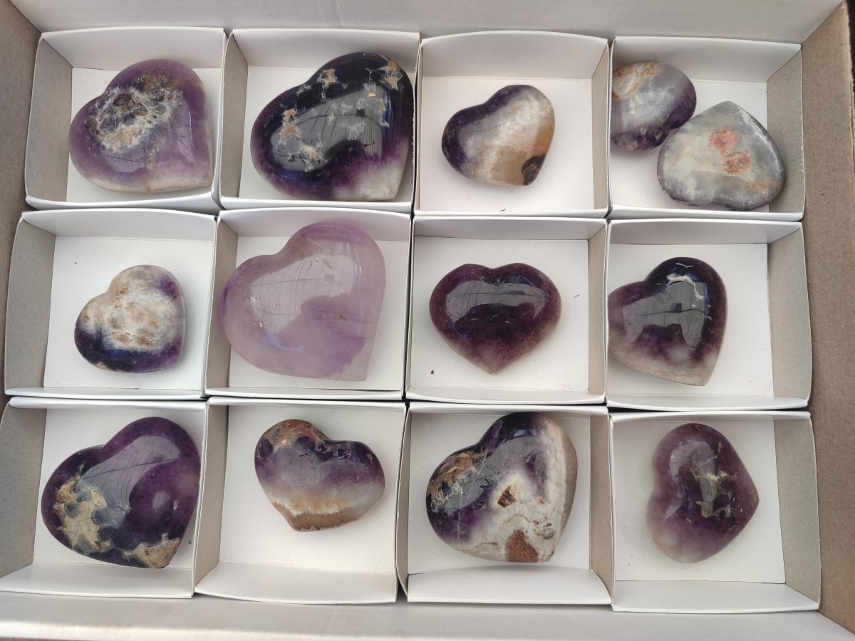 Polished Banded Amethyst Hearts x 13 From Madagascar