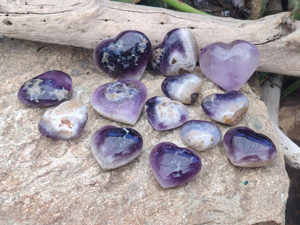 Polished Banded Amethyst Hearts x 13 From Madagascar