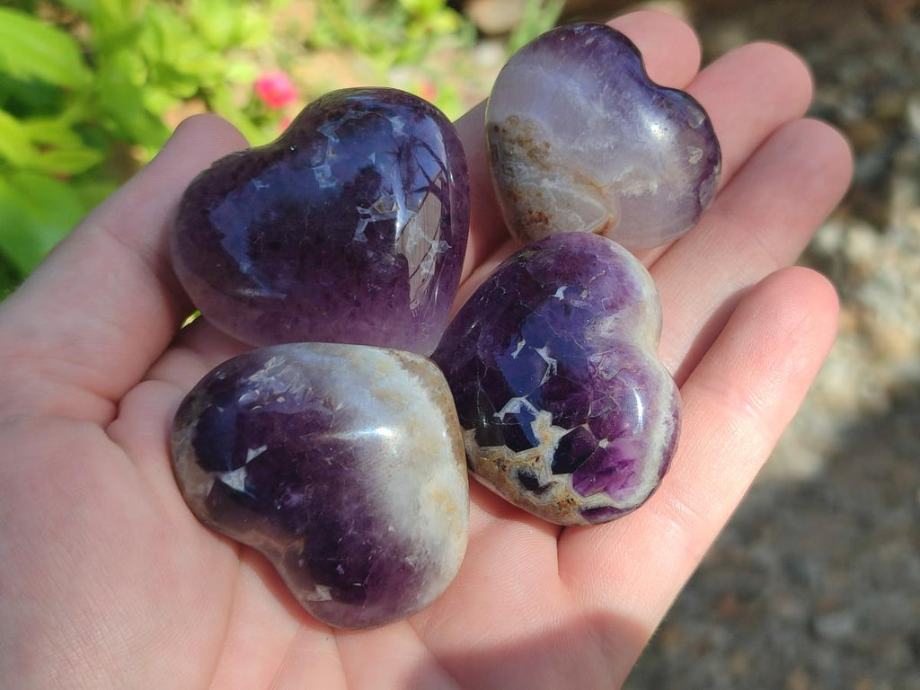 Polished Banded Amethyst Hearts x 13 From Madagascar