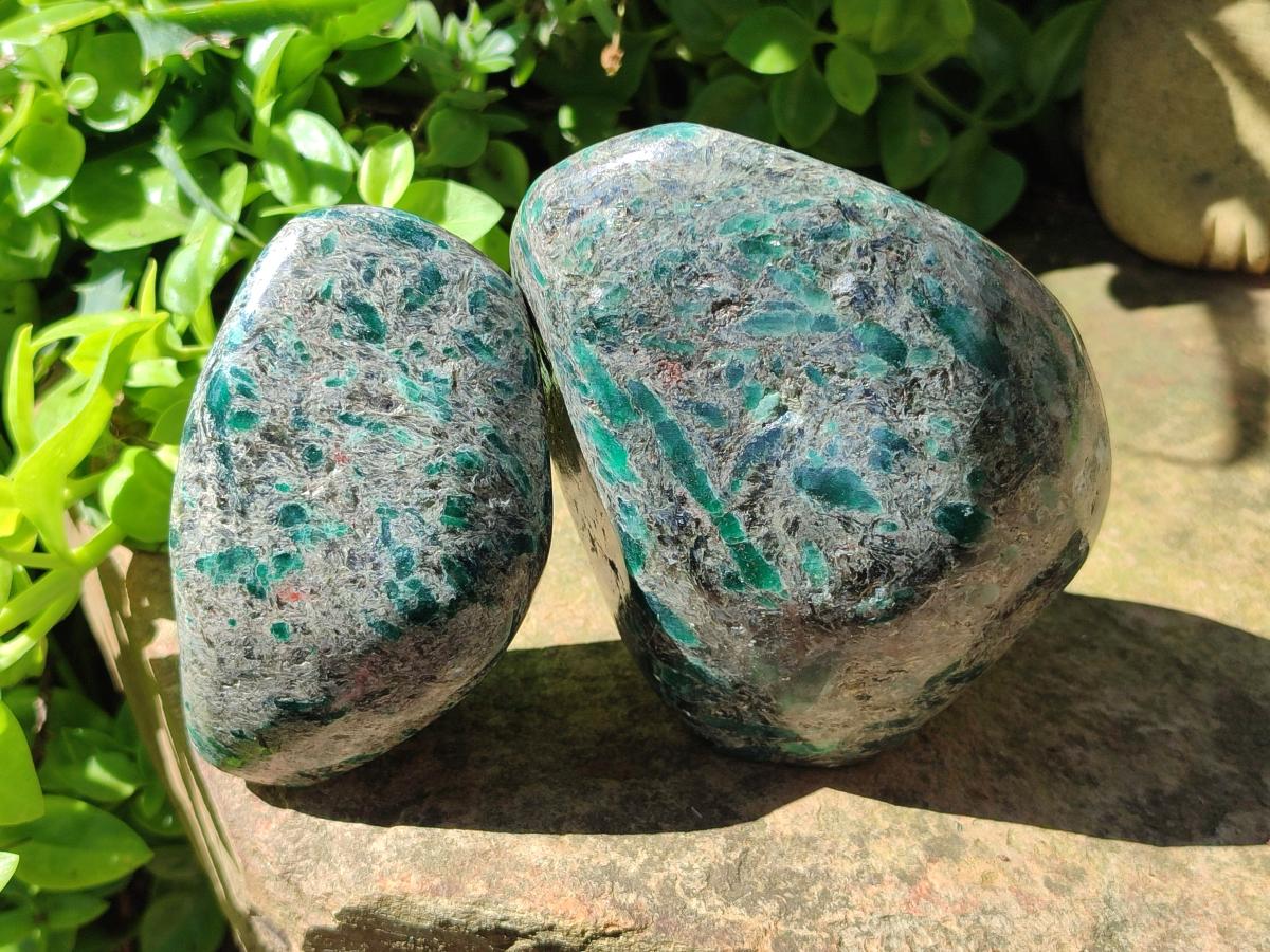 Polished Emerald Mica 'Mutokolite' Standing Free Forms x 2 From Mutoko, Zimbabwe