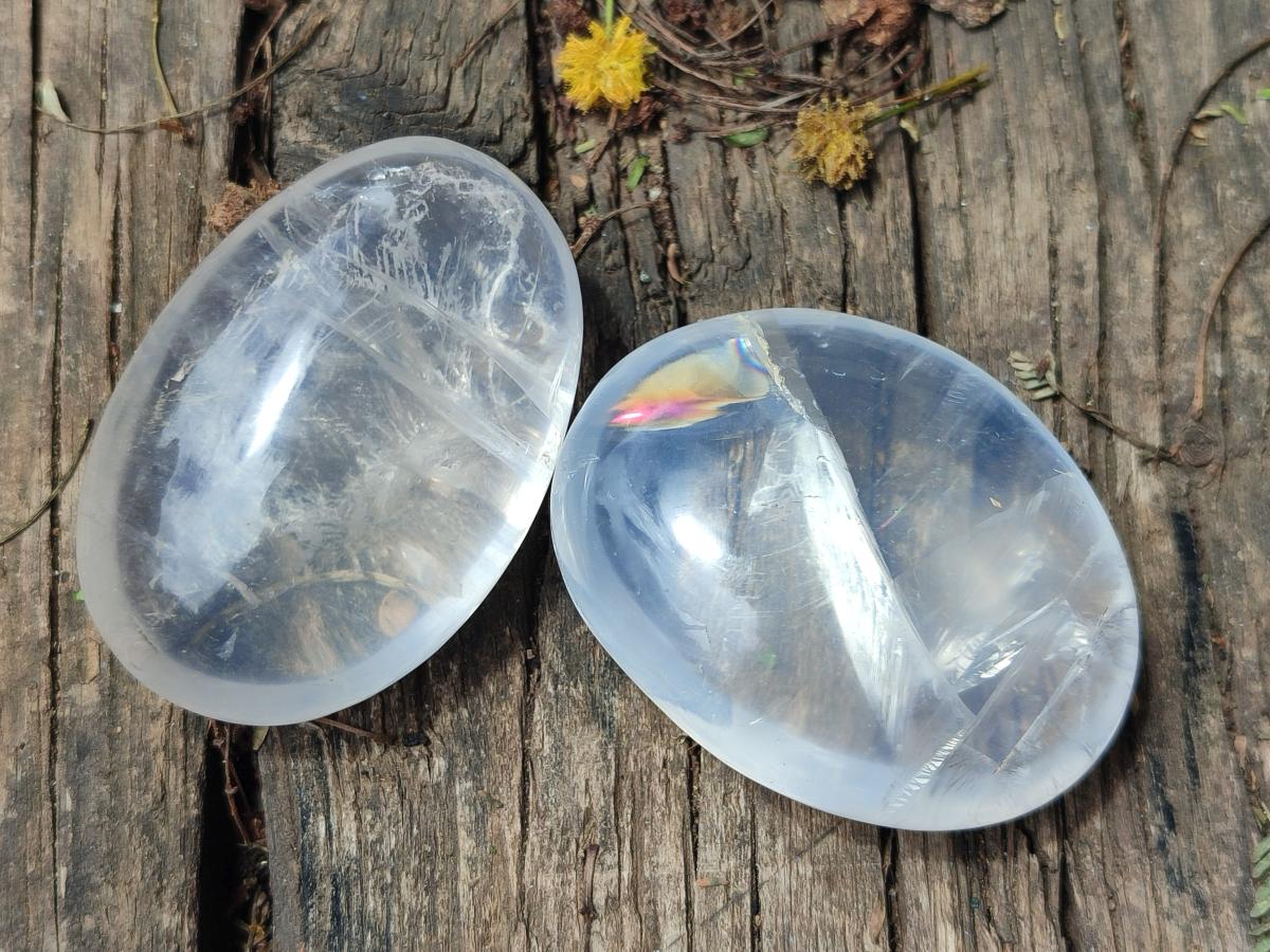 Polished Girasol Pearl Quartz Palm Stones x 12 From Ambatondrazaka, Madagascar