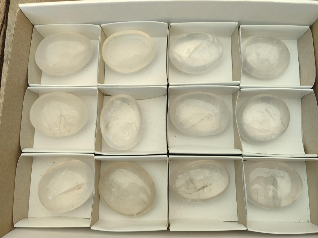 Polished Girasol Pearl Quartz Palm Stones x 12 From Ambatondrazaka, Madagascar