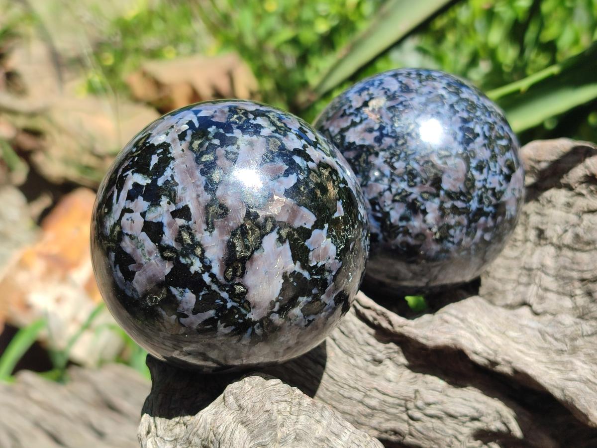 Polished Gabbro 'Merlinite' Spheres x 4 From Ambatofinandrahana, Madagascar
