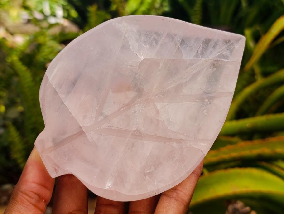 Hand Made Gemmy Rose Quartz Leaf Bowl Carvings x 4 From Madagascar