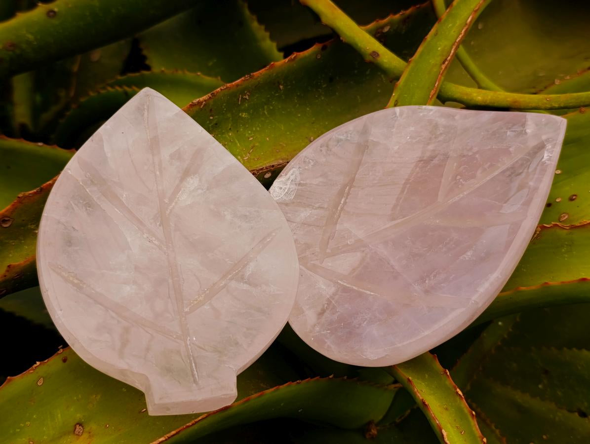 Hand Made Gemmy Rose Quartz Leaf Bowl Carvings x 4 From Madagascar