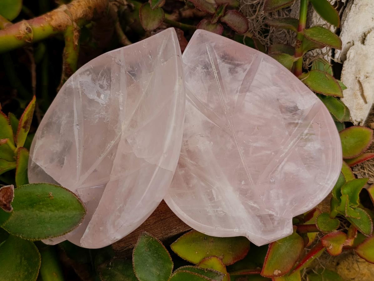 Hand Made Gemmy Rose Quartz Leaf Bowl Carvings x 4 From Madagascar