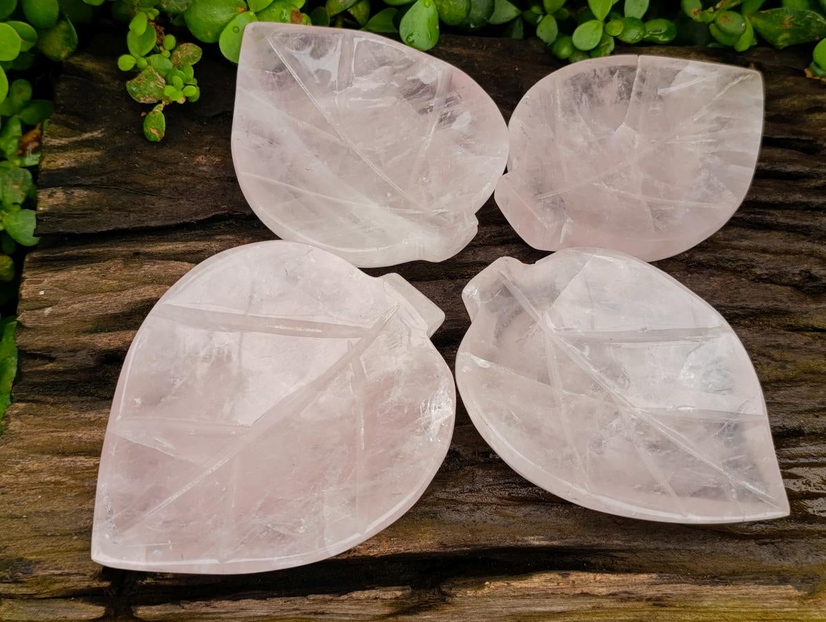 Hand Made Gemmy Rose Quartz Leaf Bowl Carvings x 4 From Madagascar