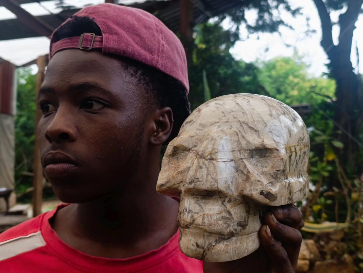 Hand Made XL Tiger Feldspar Skull Carving x 1 From Madagascar