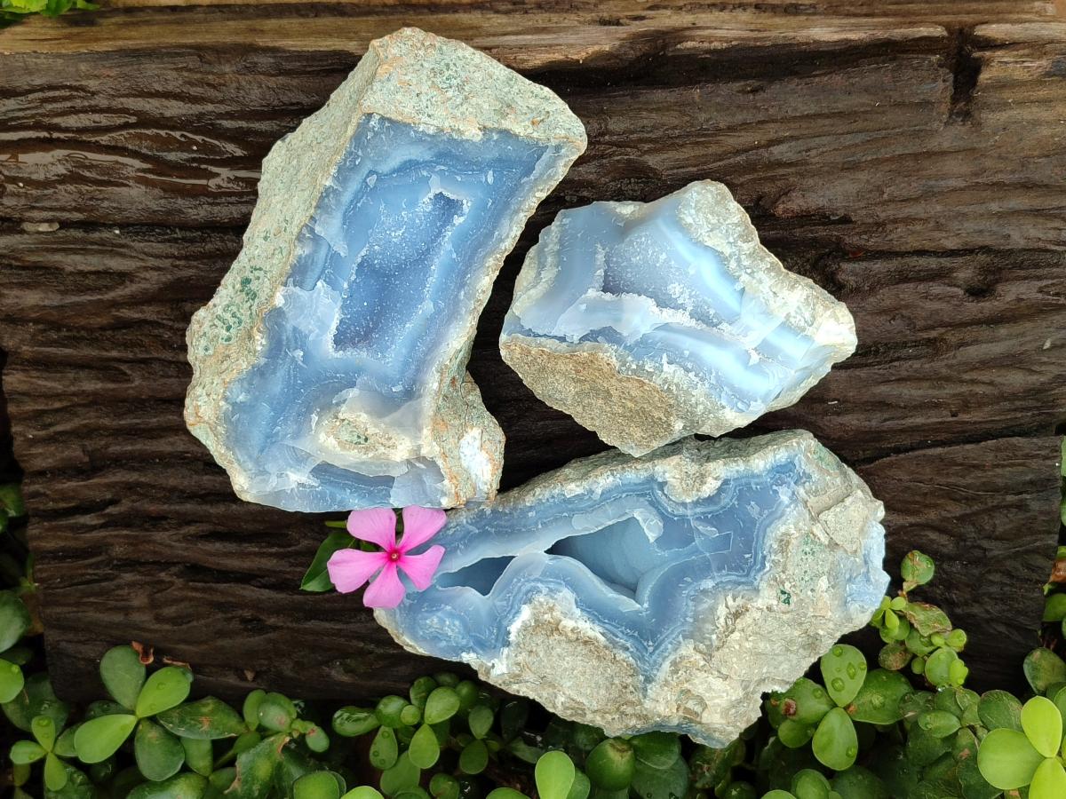 Natural Blue Lace Agate Specimens x 3 From Nsanje, Malawi - Toprock Gemstones and Minerals 