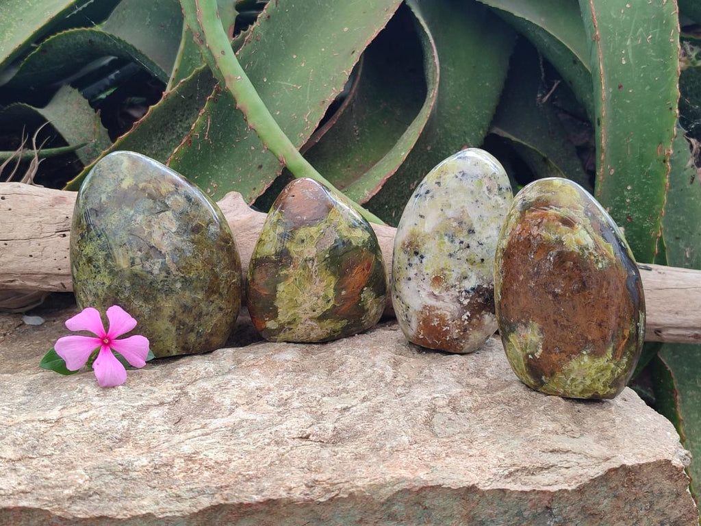 Polished Green Opal Standing Free Forms x 4 From Betroka, Madagascar