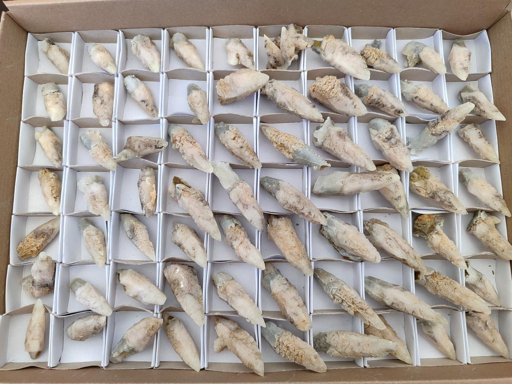 Natural Drusy Quartz Coated Spearhead Calcite Crystals x 70 From Albert's Mountain, Lesotho