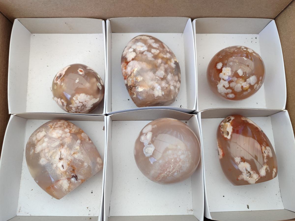 Polished Mixed Flower Agate Spheres and Standing Free Forms x 6 From Antsahalova, Madagascar