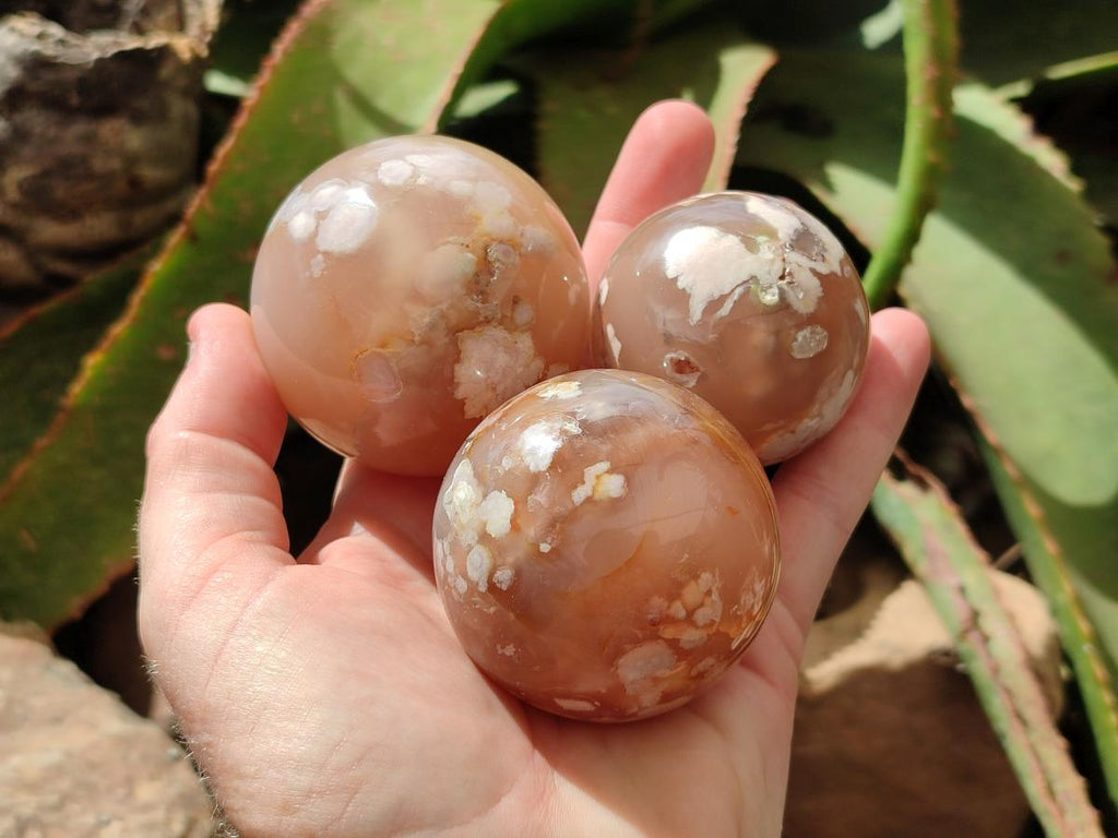 Polished Mixed Flower Agate Spheres and Standing Free Forms x 6 From Antsahalova, Madagascar