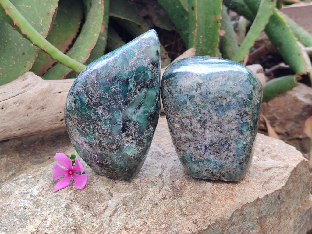 Polished Emerald Mica 'Mutokolite' Standing Free Forms x 2 From Mutoko, Zimbabwe