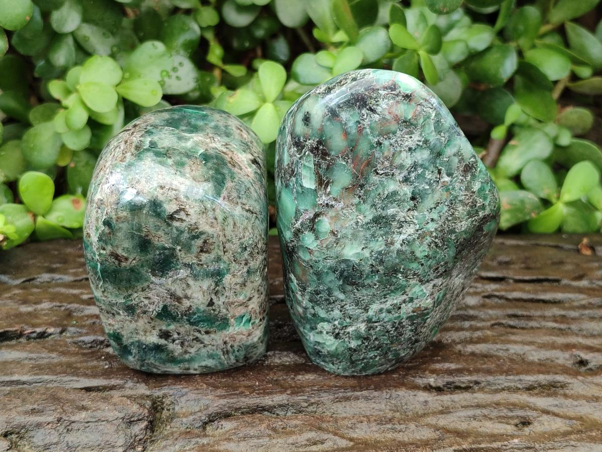 Polished Emerald Mica 'Mutokolite' Standing Free Forms x 2 From Mutoko, Zimbabwe
