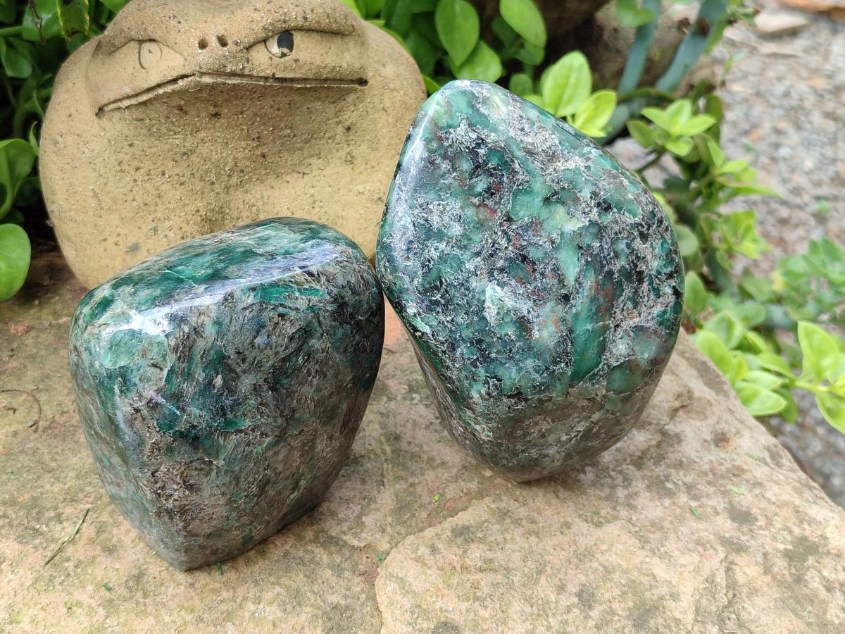 Polished Emerald Mica 'Mutokolite' Standing Free Forms x 2 From Mutoko, Zimbabwe