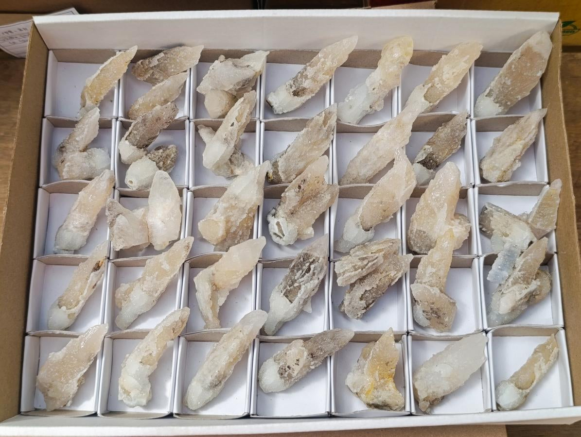 Natural Drusy Quartz Coated Spearhead Calcite Crystals x 38 From Albert's Mountain, Lesotho