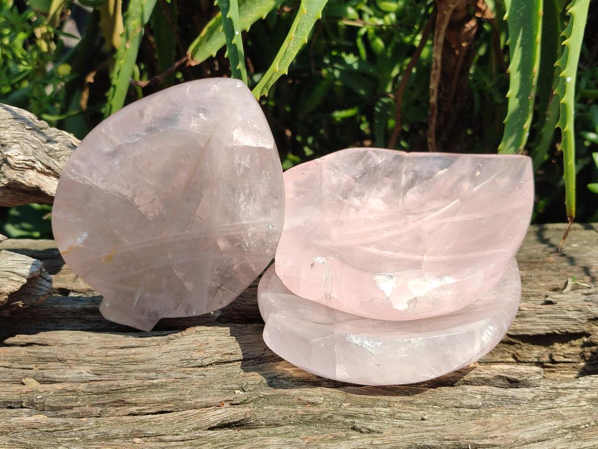 Hand Made Gemmy Rose Quartz Leaf Bowl Carvings x 5 From Madagascar