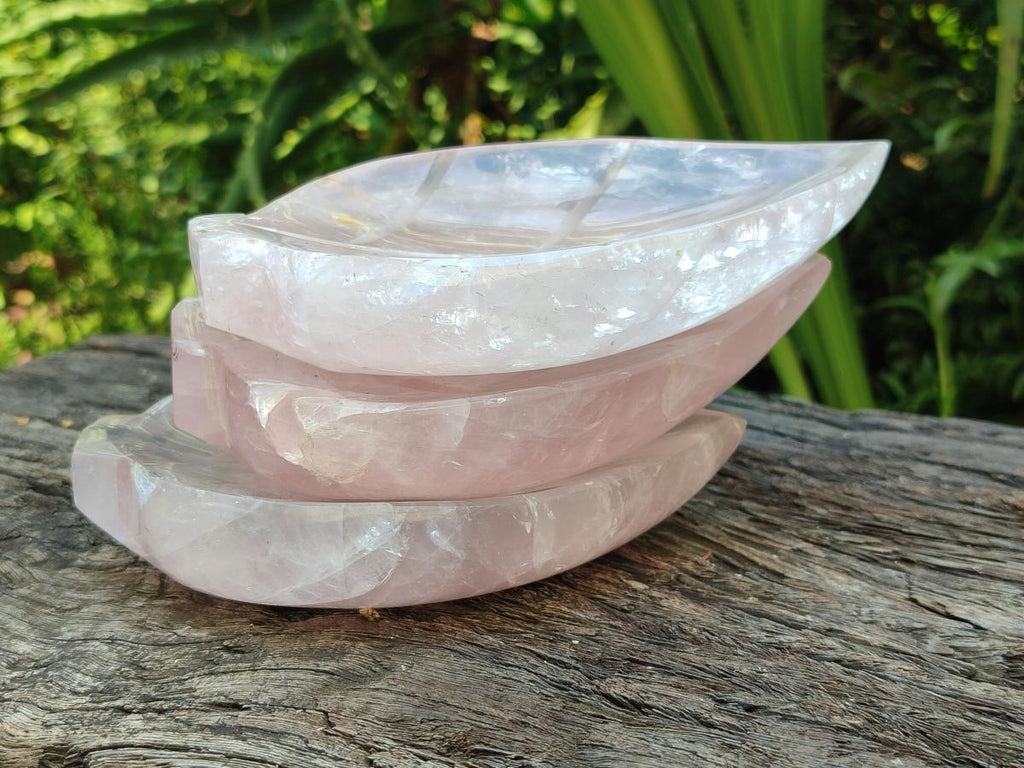 Hand Made Gemmy Rose Quartz Leaf Bowl Carvings x 5 From Madagascar