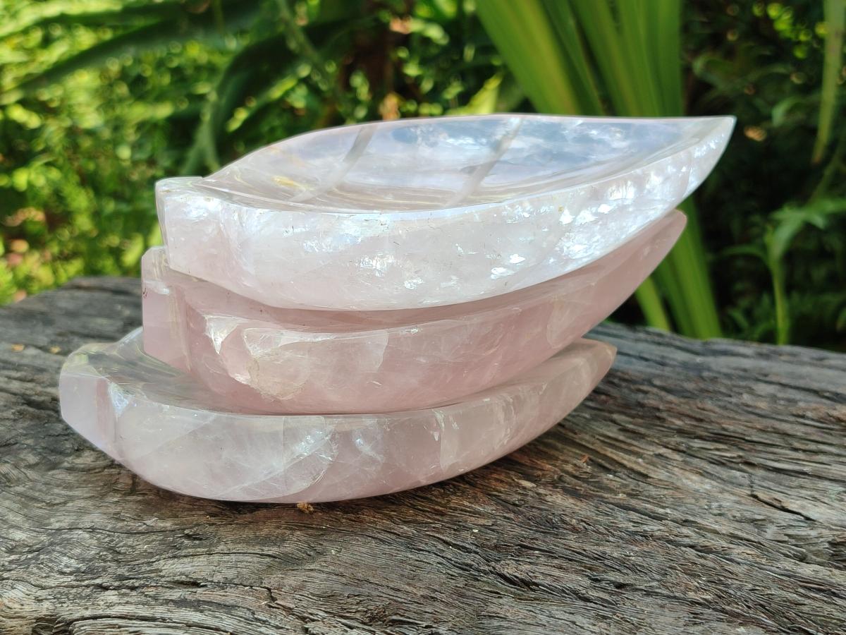 Hand Made Gemmy Rose Quartz Leaf Bowl Carvings x 5 From Madagascar