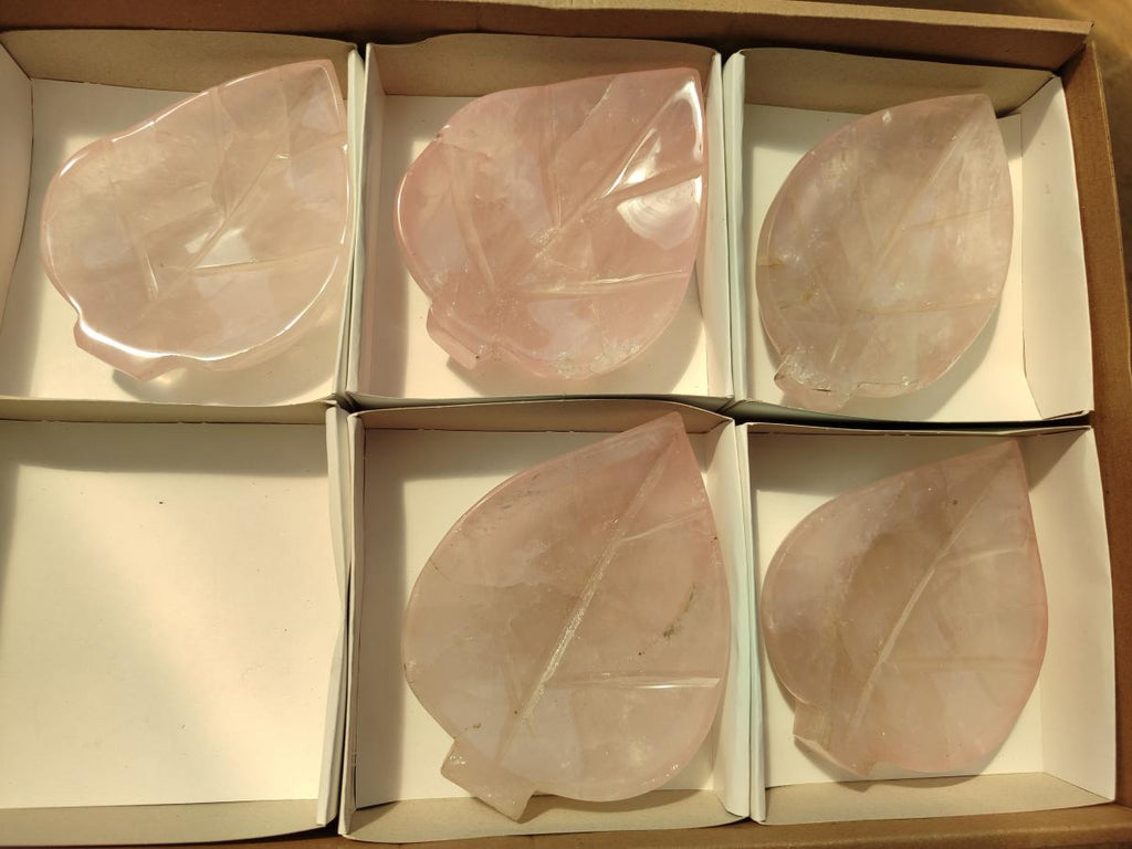Hand Made Gemmy Rose Quartz Leaf Bowl Carvings x 5 From Madagascar