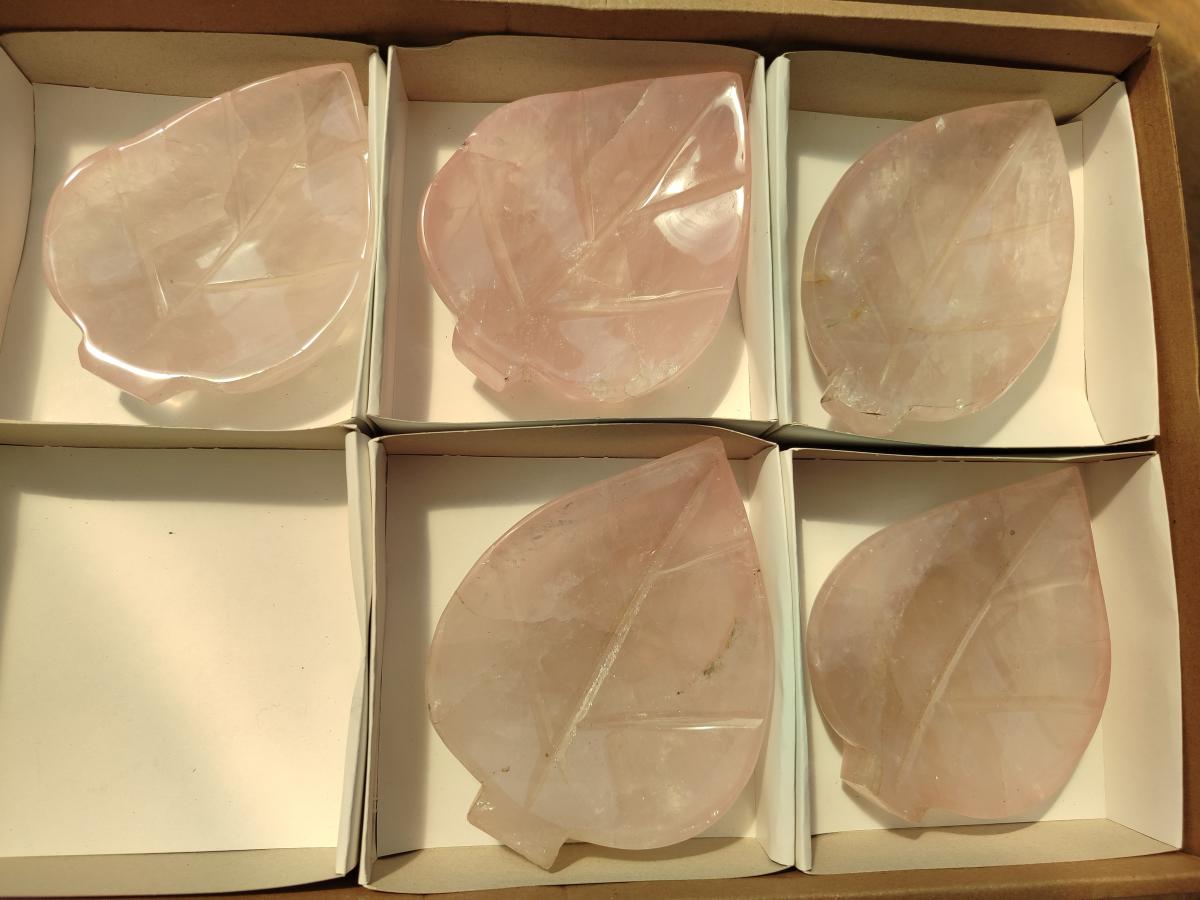 Hand Made Gemmy Rose Quartz Leaf Bowl Carvings x 5 From Madagascar