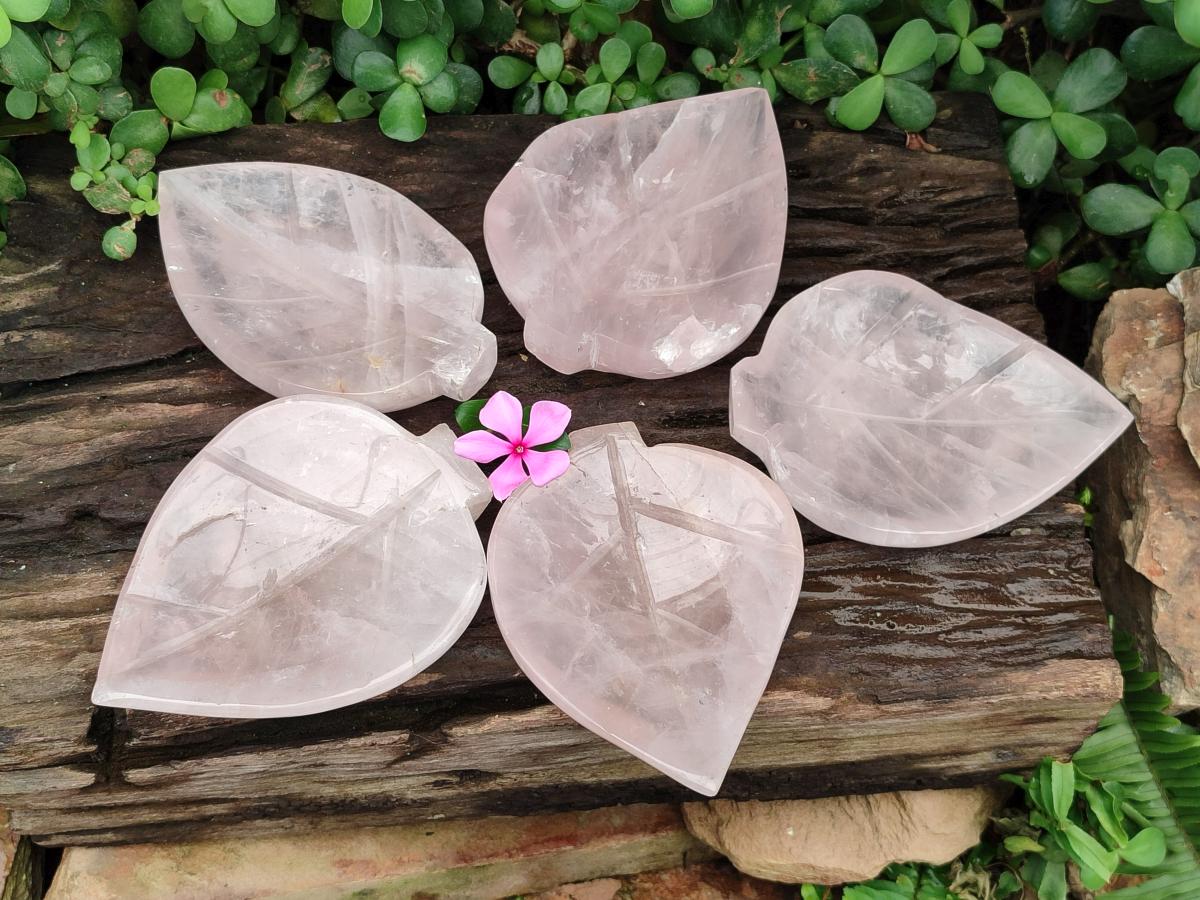 Hand Made Gemmy Rose Quartz Leaf Bowl Carvings x 5 From Madagascar