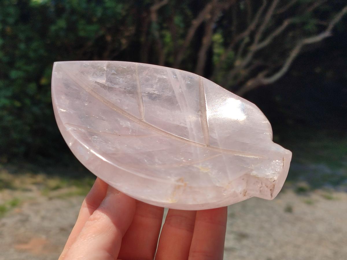 Hand Made Gemmy Rose Quartz Leaf Bowl Carvings x 5 From Madagascar
