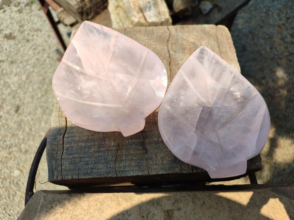 Hand Made Gemmy Rose Quartz Leaf Bowl Carvings x 5 From Madagascar