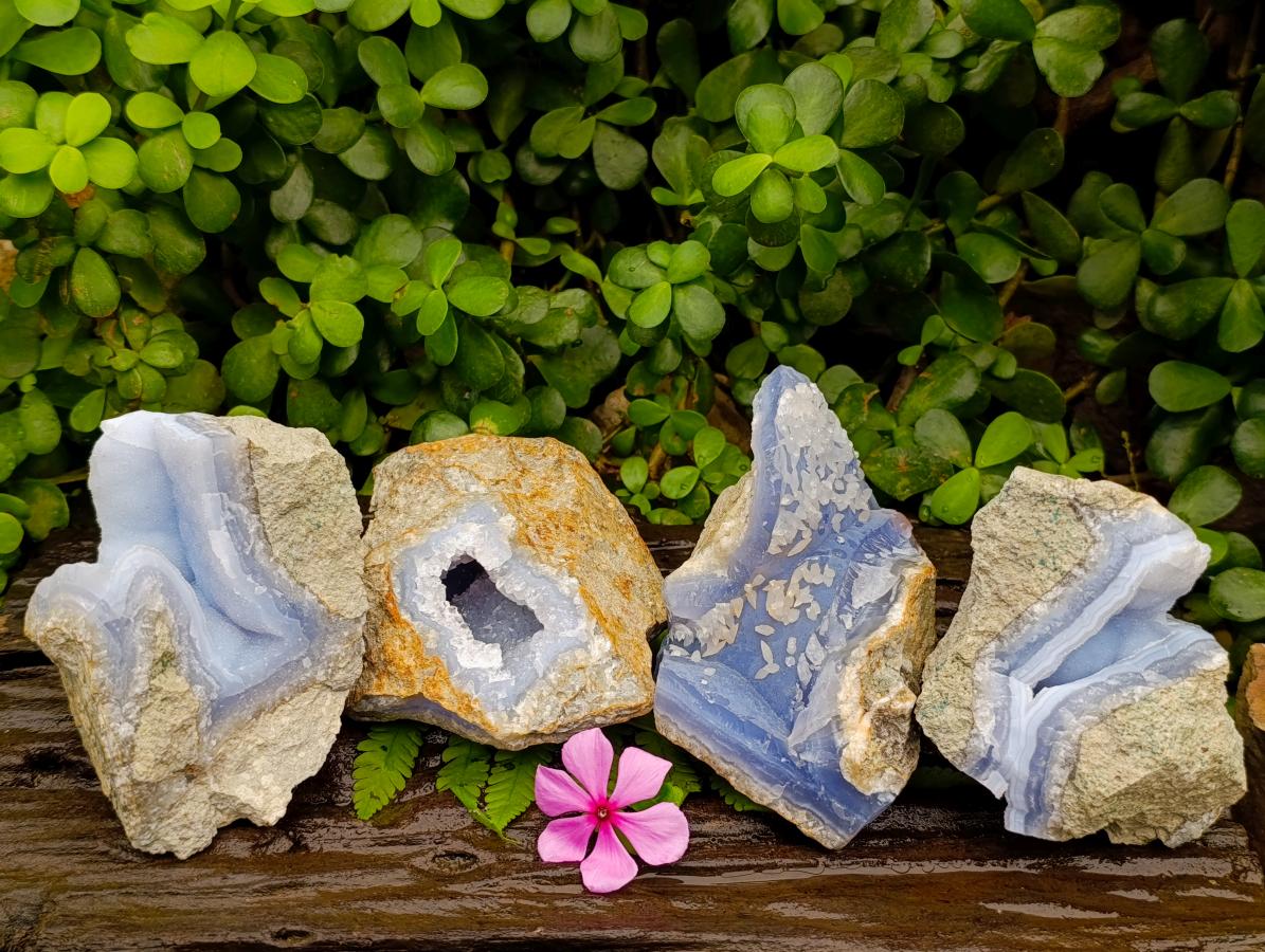 Natural Blue Lace Agate Geode Specimens x 4 From Nsanje, Malawi