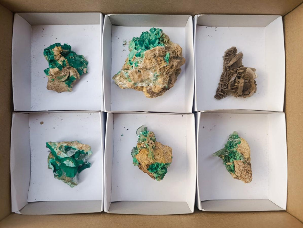 Natural Rare Bladed Barite and Malachite Specimens x 6 From Congo