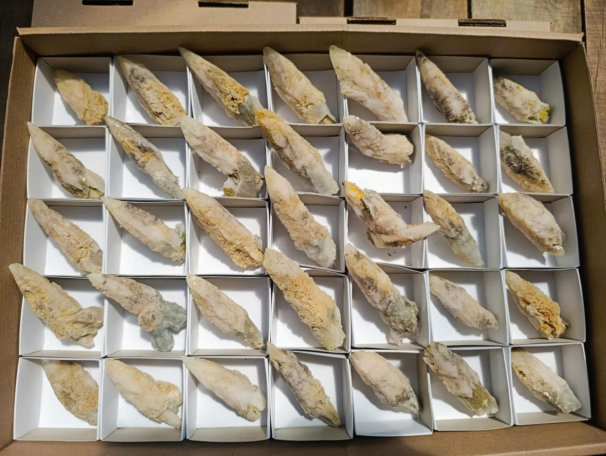 Natural Drusy Quartz Coated Spearhead Calcite Crystals x 35 From Albert's Mountain, Lesotho