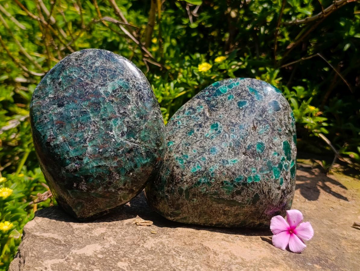 Polished Emerald Mica 'Mutokolite' Standing Free Forms x 2 From Mutoko, Zimbabwe