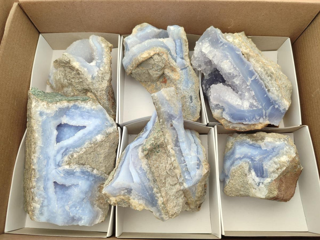 Natural Blue Lace Agate Geode Specimens x 6 From Nsanje, Malawi