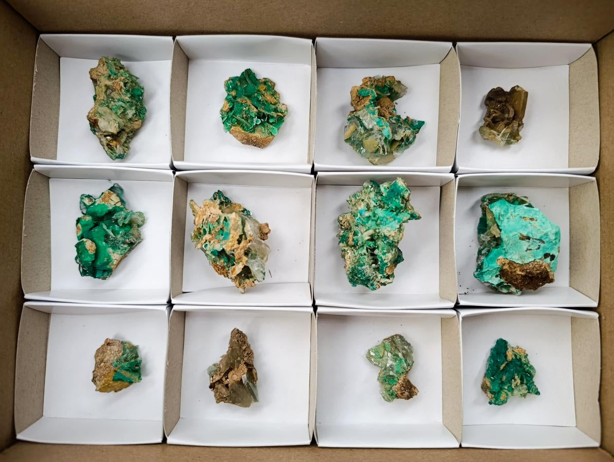 Natural Rare Bladed Barite and Malachite Specimens x 12 From Congo