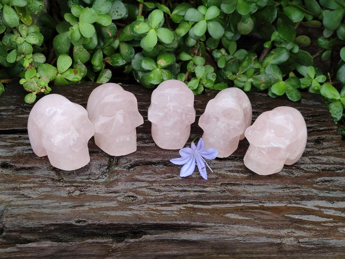Hand Made Gemmy Rose Quartz Skull Carvings x 5 From Madagascar