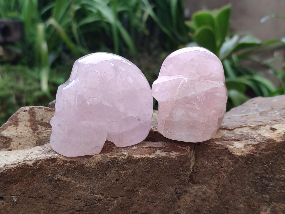 Hand Made Gemmy Rose Quartz Skull Carvings x 5 From Madagascar