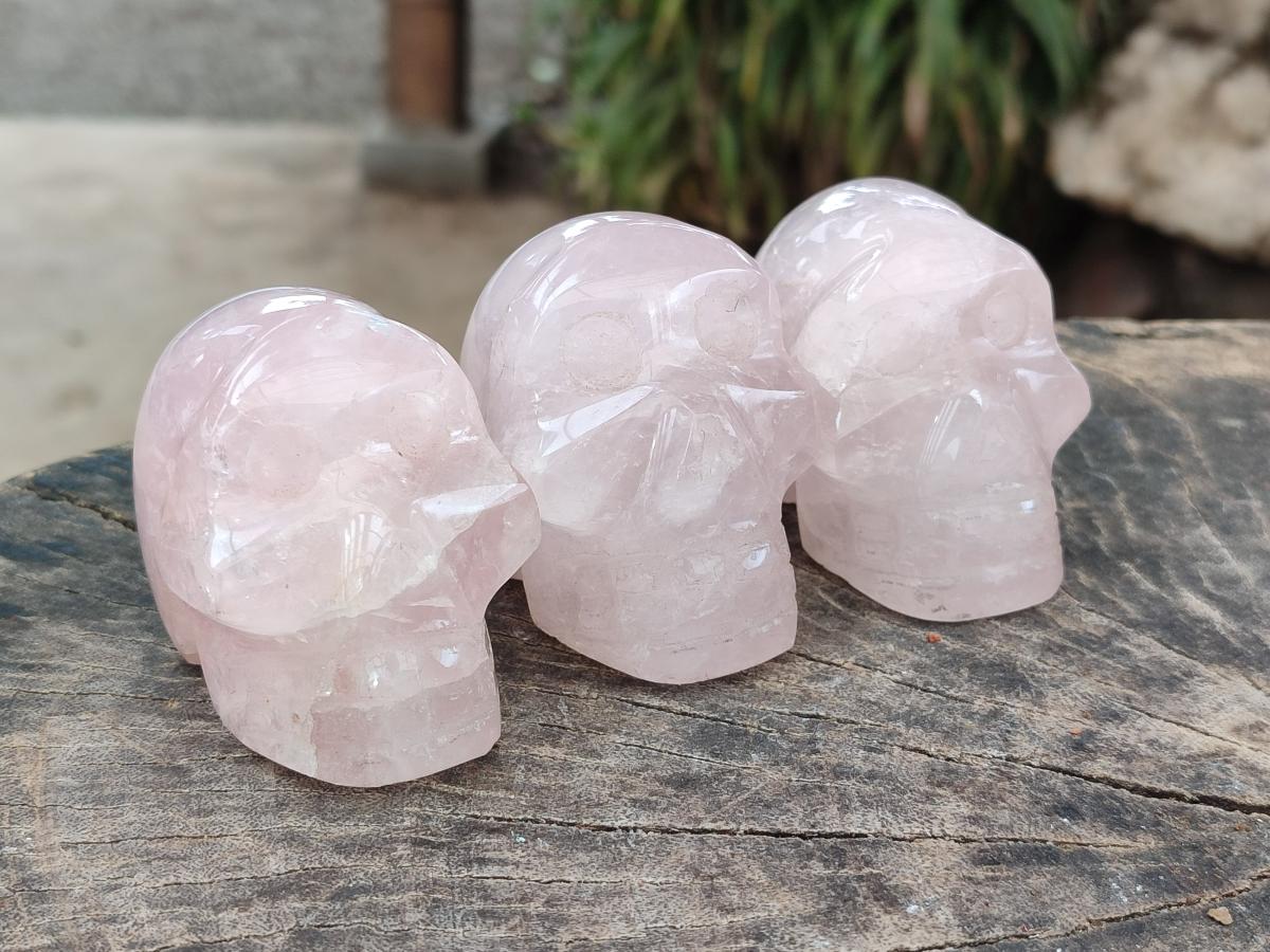 Hand Made Gemmy Rose Quartz Skull Carvings x 5 From Madagascar