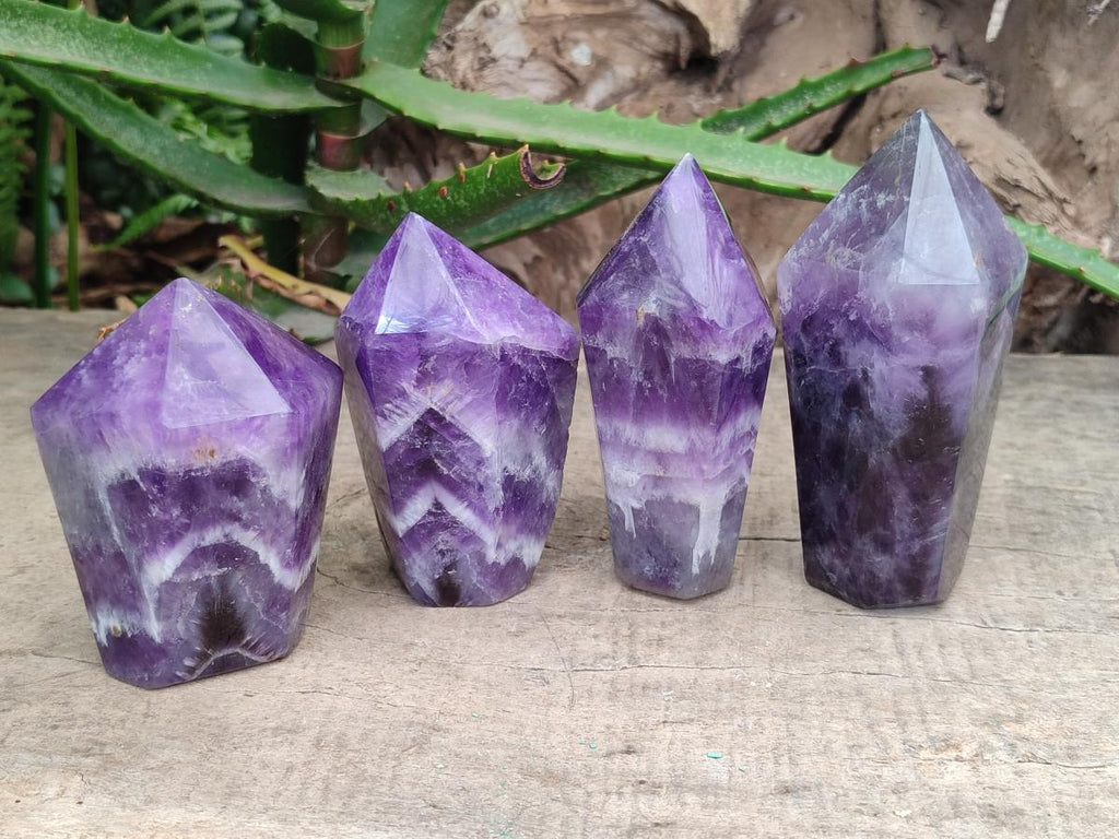 Polished Chevron Amethyst Crystal Points x 4 From Zambia