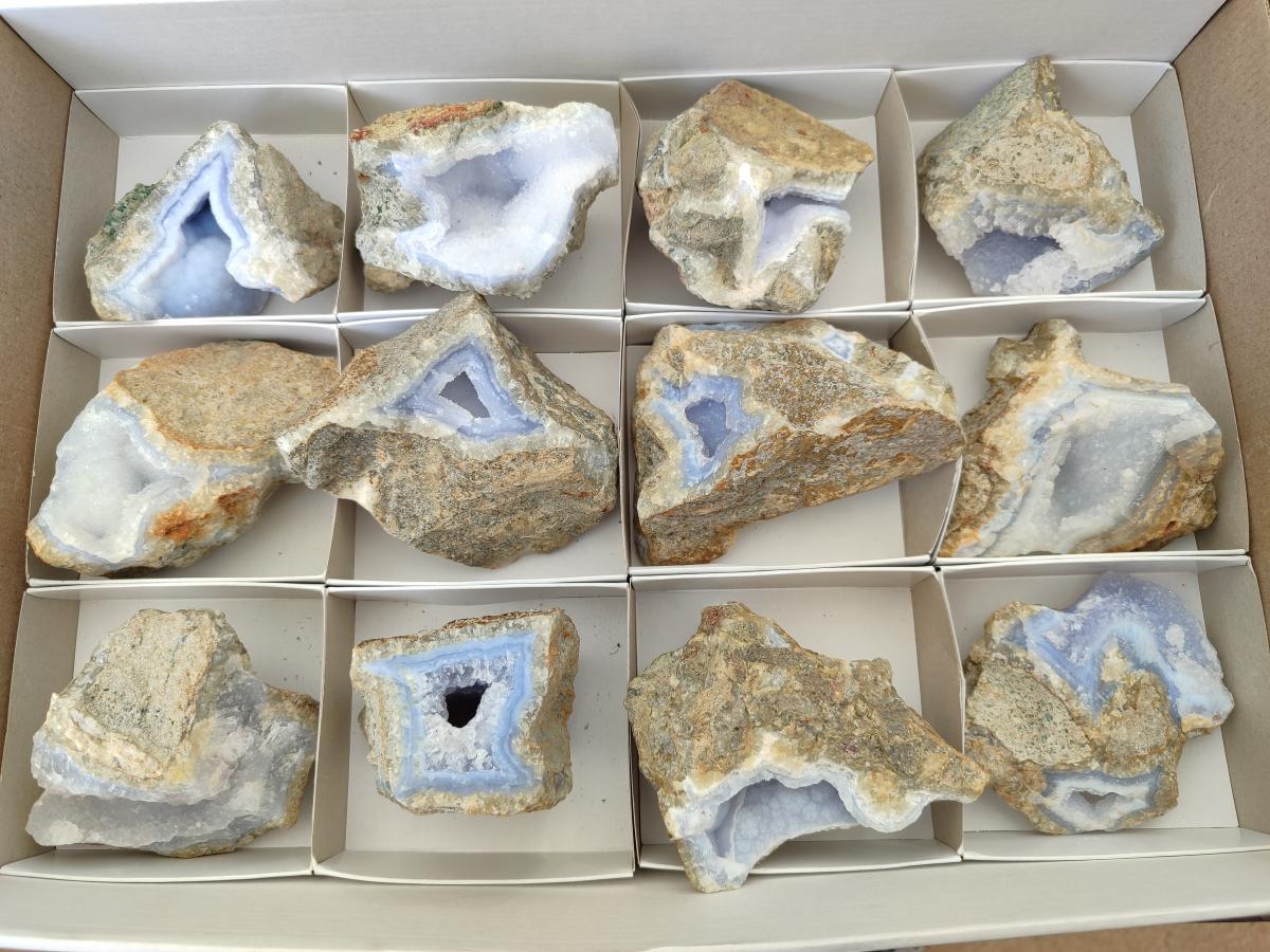 Natural Blue Lace Agate Geode Specimens x 12 From Nsanje, Malawi