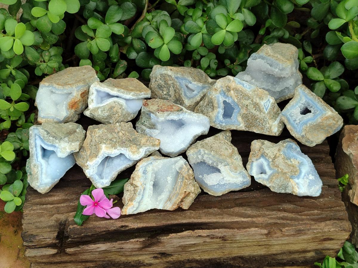 Natural Blue Lace Agate Geode Specimens x 12 From Nsanje, Malawi