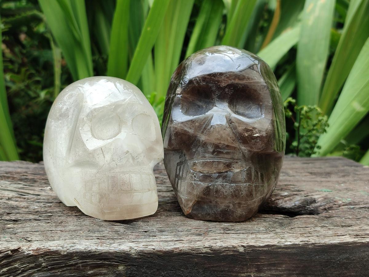 Hand Made Window Quartz Skull Carvings x 2 From Madagascar