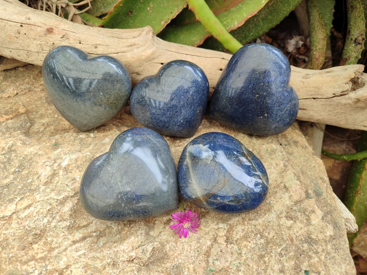 Polished Large Lazulite Hearts x 6 From Madagascar