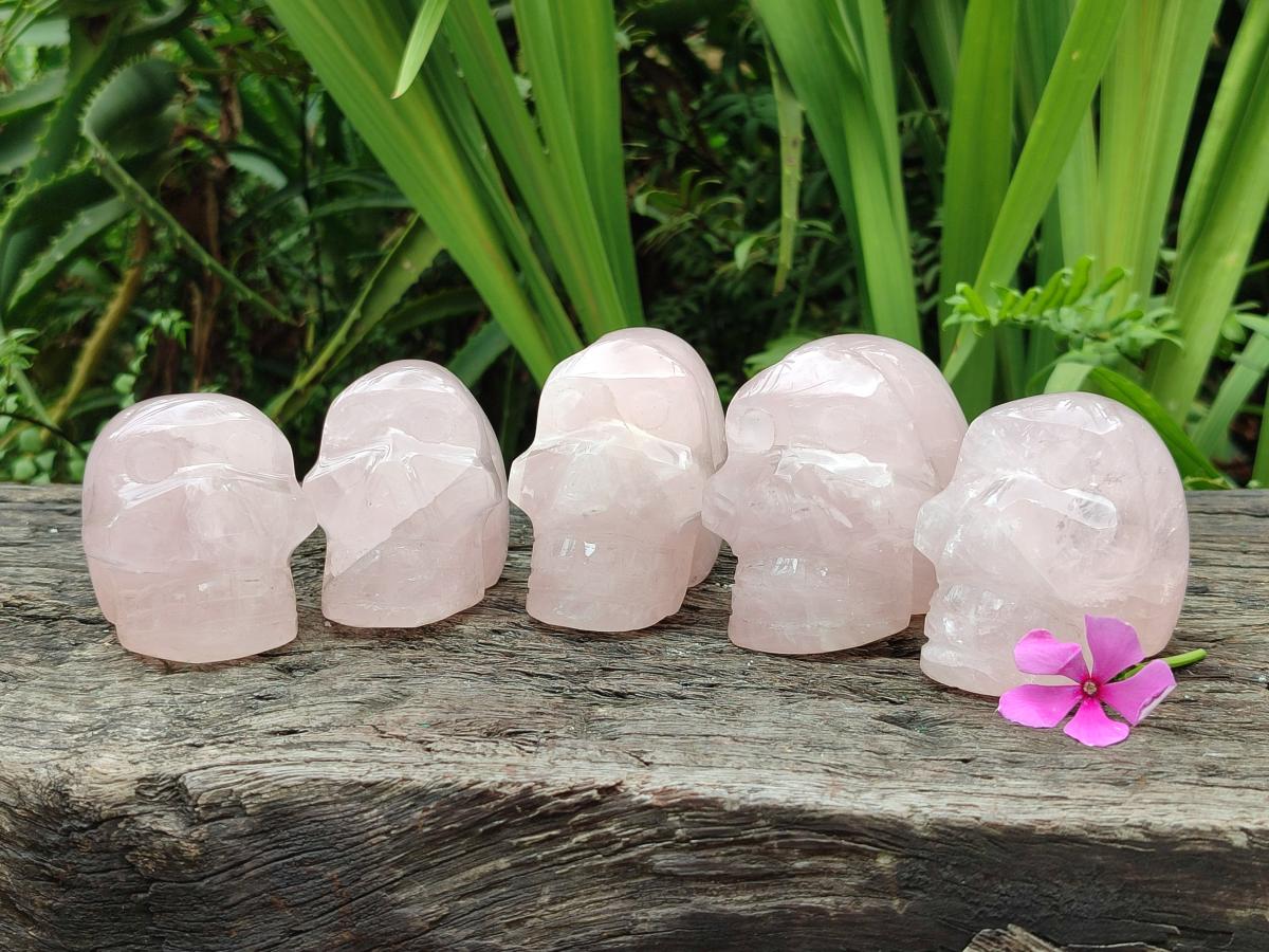 Hand Made Small Gemmy Rose Quartz Skull Carvings x 5 From Madagascar